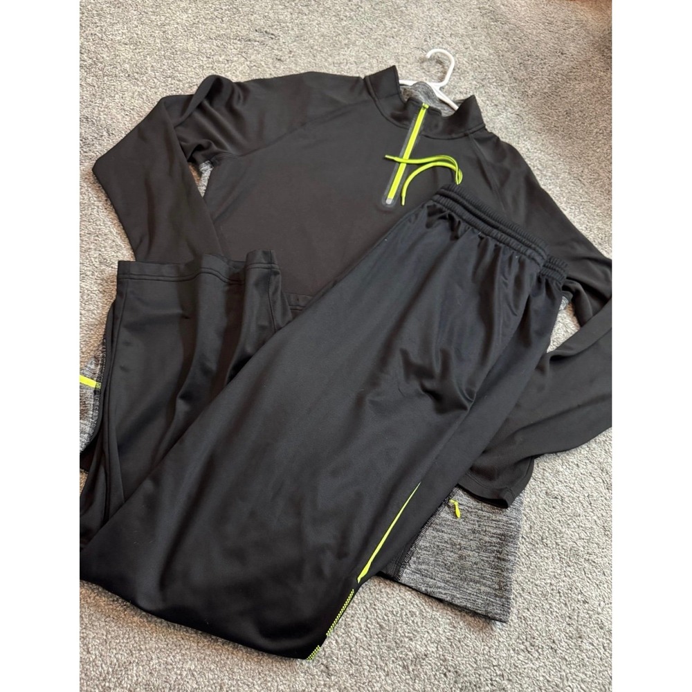 Tek Gear DryTek Mens XXL Sweatsuit Set Black Neon Yellow Zip Pullover Sweatpants